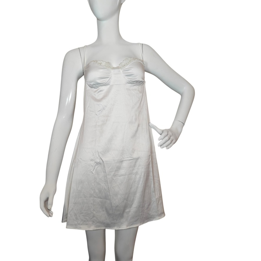 Lyaner White Satin Slip Dress Lace Trim Open Back Mini Chemise Womens M